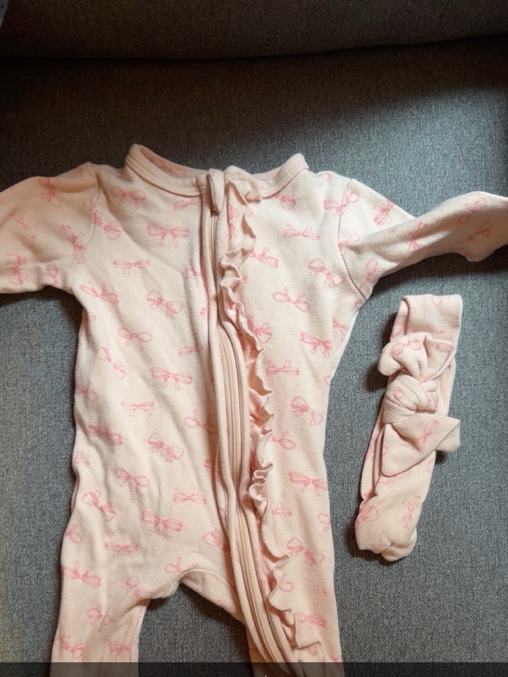 Pink Bow-Print Baby One-Piece with Ruffle Zip